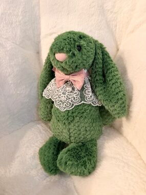 Jellycat Ireland exclusive Green Plush Bunny with Pink Ribbon and Cream Pom